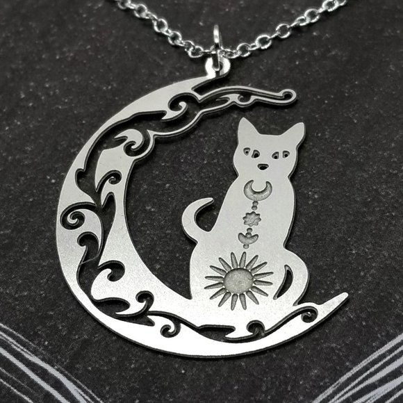 Filigree Crescent Moon & Cat Silver Necklace - Picture 2 of 3